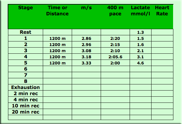 form filled out for a recreational runner during a lactate testing session